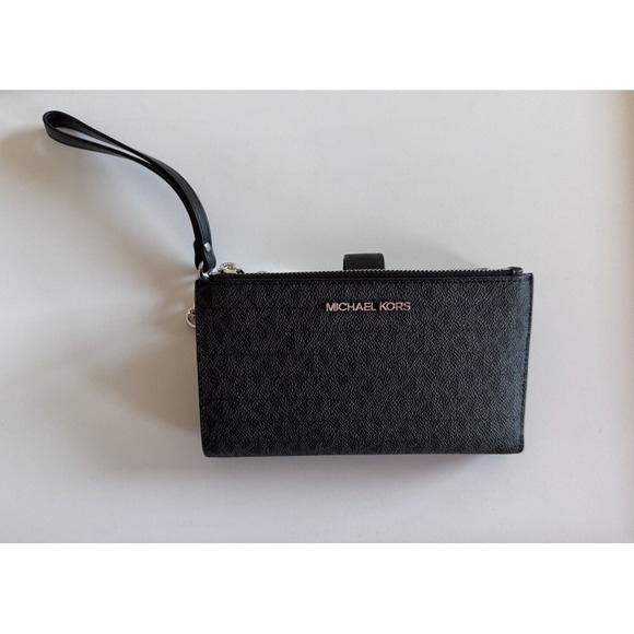 Michael Kors Jet Set Travel Double Zip Wristlet Wallet MK Logo Signature Black - Picture 1 of 15
